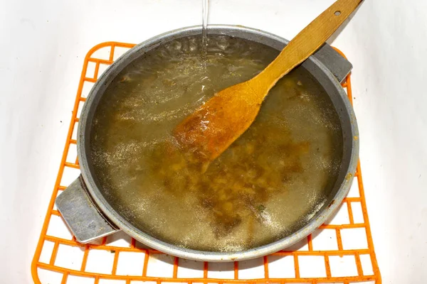 Pan Dirty Eating Dirty Unwashed Dishes — Stock Photo, Image