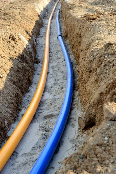 Open Excavation Development Area Gas Water Pipes — Stock Photo, Image
