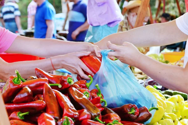 Comprador y vendedor mano relleno bolsa de plástico con verduras frescas — Foto de Stock