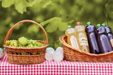 Üzüm suyu veya genç şarap şişeleri ve bir sepet üzüm