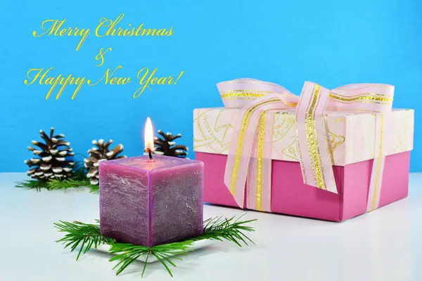 Christmas background, greeting card with burning candle — Stock Photo, Image