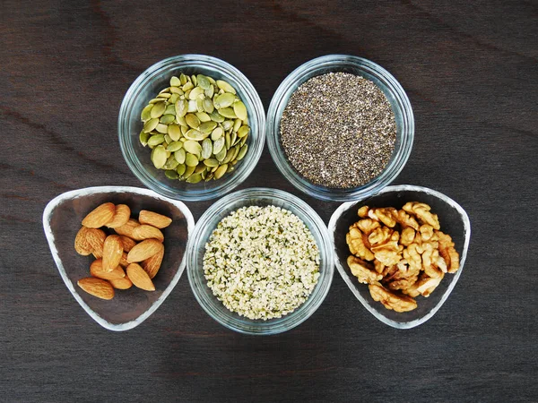 Five superfood seeds and nuts — Stock Photo, Image
