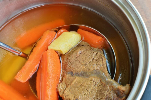 Beef broth in pot closeup — Stock Photo, Image