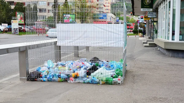 Sokaktan plastik şişe toplayan bir alıcı. — Stok fotoğraf