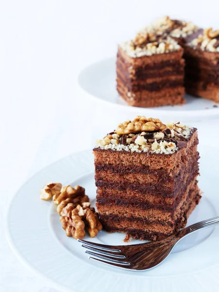 Layered chocolate cake squares with chocolate cream filling and walnuts — 스톡 사진