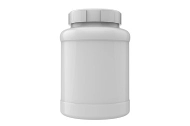 Beyaz arka planda 3D takviye kavanozu, beyaz kapaklı beyaz kavanoz.