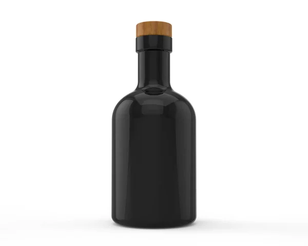 Rendering Botella Aceite Negro Con Tapa Madera — Foto de Stock