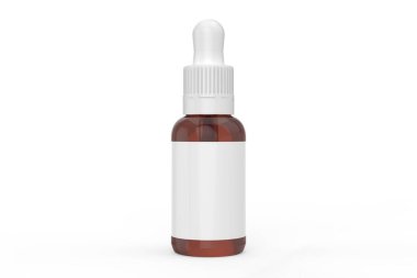 3D İllüstrasyon, Kehribar şişesi, beyaz kapaklı maket, fotogerçekçi ambalaj şablonu