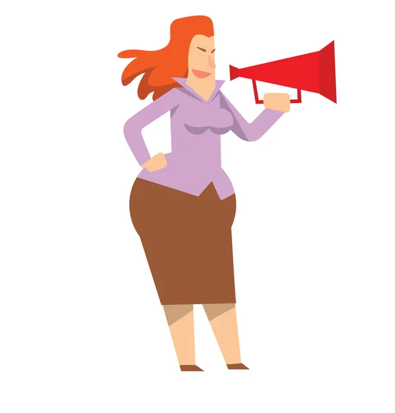 Mulher de negócios arredondada com um megafone vermelho — Vetor de Stock