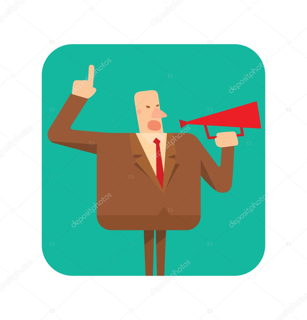 Frame, square businessman with a red megaphone