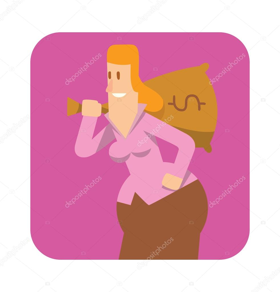 Square frame, rounded business woman with a bag of money