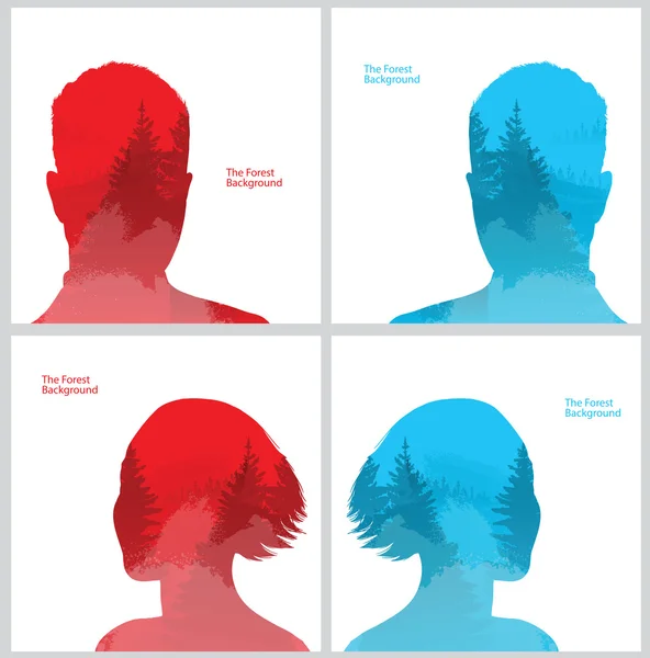 Zestaw ilustracji podwójnej ekspozycji mężczyźni i kobiety, czerwony, niebieski — Wektor stockowy