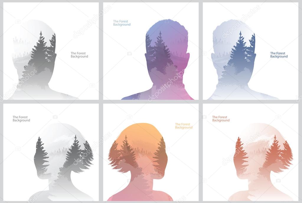 Set of double exposure illustrations men and women, brown, gray