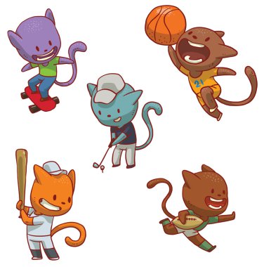Set of five cute cats involved in sports vector