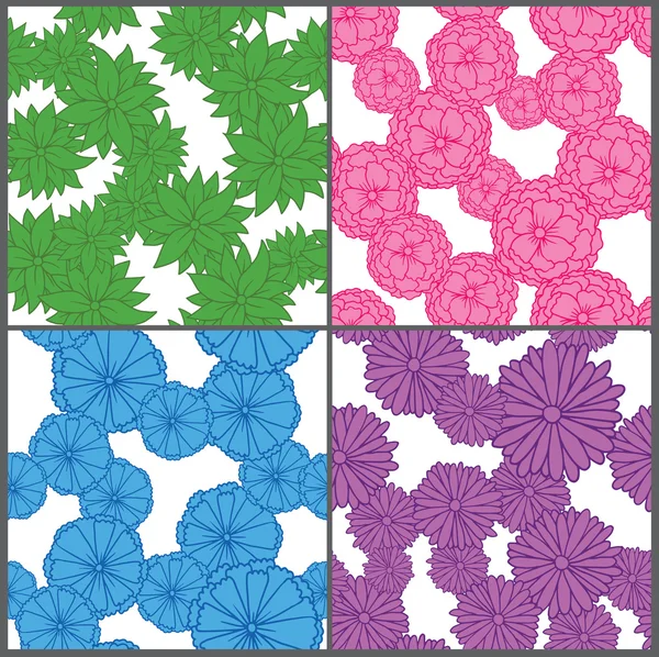 一套绿色，粉红色，蓝色和紫色的花朵，无缝图案 — 图库矢量图片