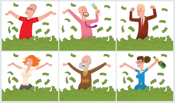 Set di carte con persone felici che fanno il bagno nei soldi — Vettoriale Stock