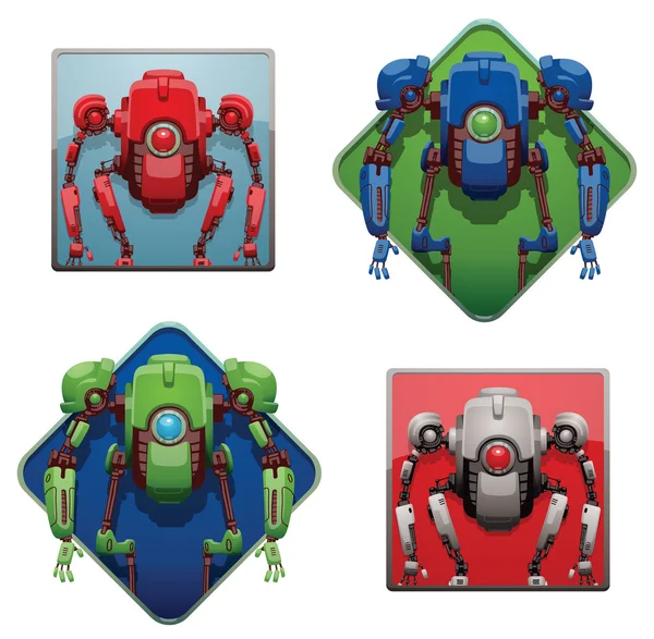 Uppsättning ramar med rolig röd, vit, grön, blå robotar — Stock vektor