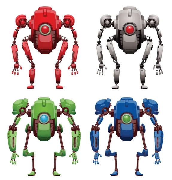 Sada zábavně červených, bílých, zelených, modrých robotů — Stockový vektor