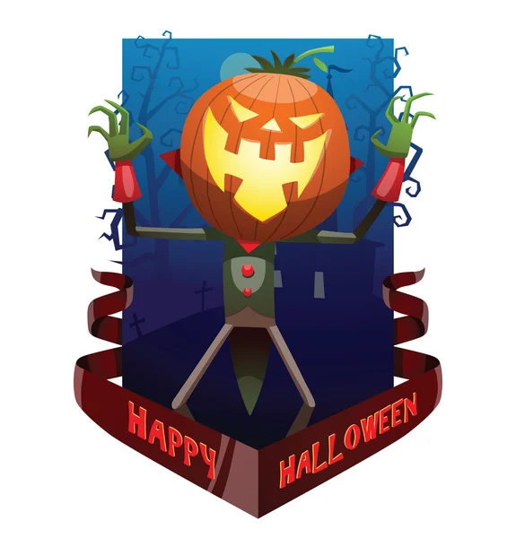 Tarjeta "Feliz Halloween", Jack O 'Lantern de pie y riendo — Archivo Imágenes Vectoriales