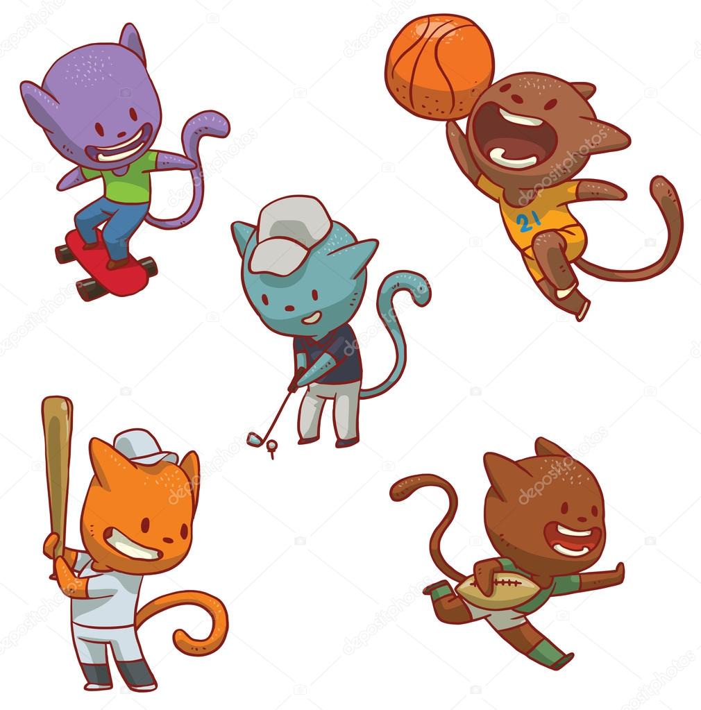 Set of five cute cats involved in sports