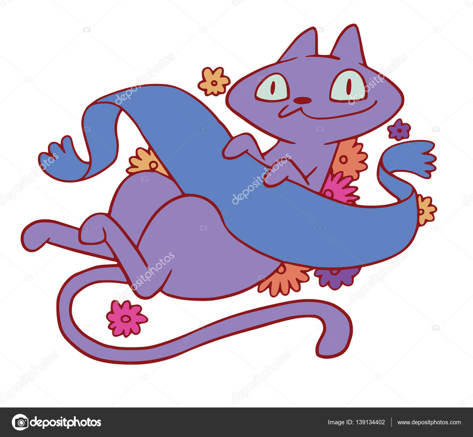 Emblema di vettore con la ban ra blu fiori colorati e con immagine del fumetto di un simpatico gatto lilla sdraiato sulla schiena e sorridente su sfondo
