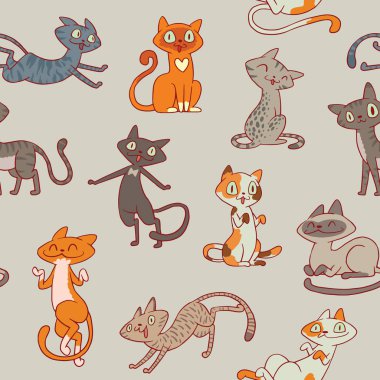 Dikişsiz desen gri bir arka plan üzerinde sevimli kedi
