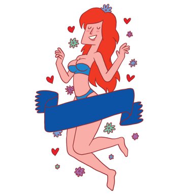 Amblem, mavi bikini uzun kızıl saçlı güzel kız 