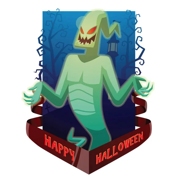 Carta "Happy Halloween", divertente luce verde fantasma volare e smili — Vettoriale Stock