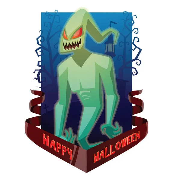 Cartão "Feliz Halloween", fantasma verde claro engraçado pairando no ar — Vetor de Stock