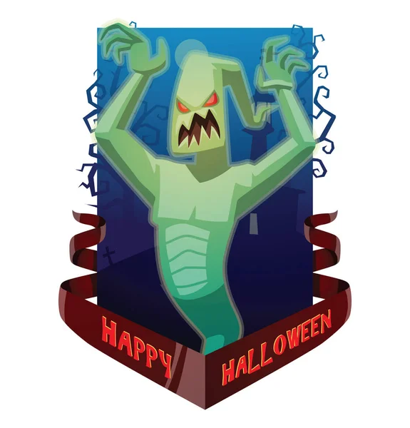 Card "Happy Halloween", funny light green ghost frightening some — Stock Vector