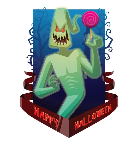 Carta "Happy Halloween", divertente fantasma verde chiaro con un lecca-lecca — Vettoriale Stock