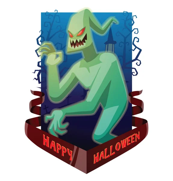Card "Happy Halloween", funny light green ghost waving his hand — Stock Vector