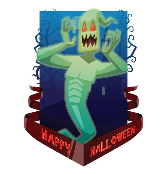 Carta "Buon Halloween", divertente fantasma verde chiaro spaventato flyin — Vettoriale Stock