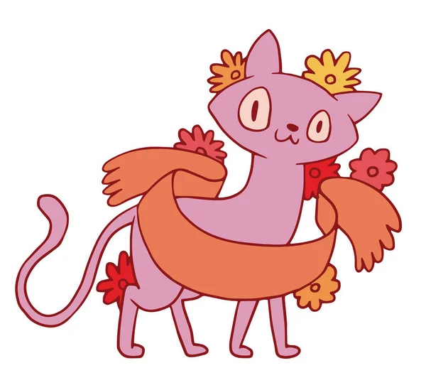 Emblem, niedliche rosa Katze stehend und lächelnd — Stockvektor