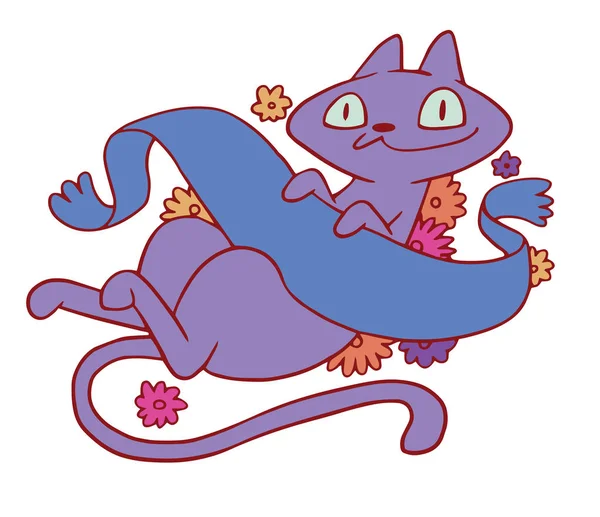 Emblém, roztomilá fialová kočka ležet na zádech a s úsměvem — Stockový vektor