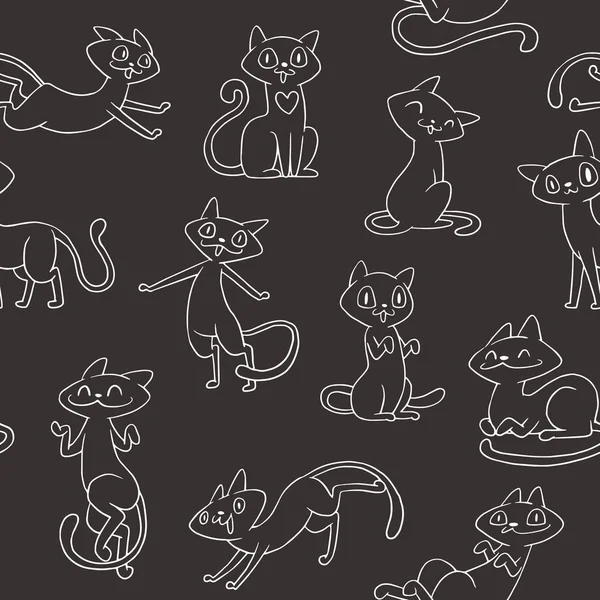 Patrón sin costuras de lindos gatos sobre un fondo negro — Archivo Imágenes Vectoriales