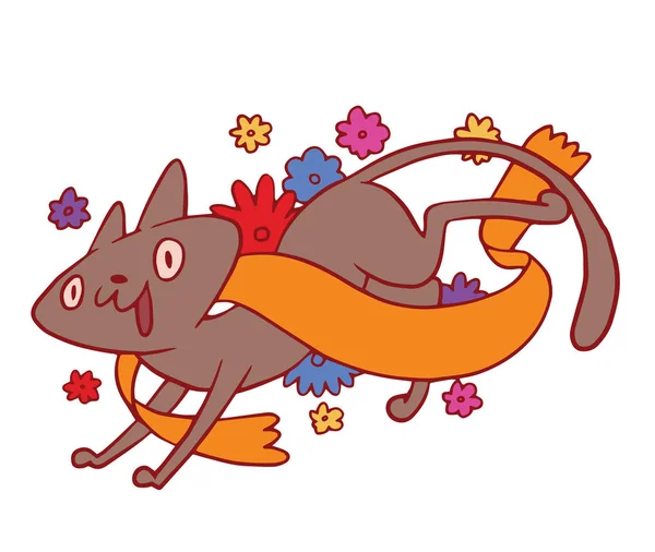 Έμβλημα, χαριτωμένο σκούρο γκρι γάτα τρέχει και χαμογελαστός — Διανυσματικό Αρχείο