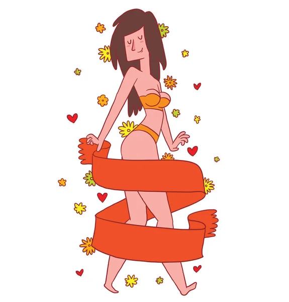 Emblema, hermosa chica con el pelo largo y negro en bikini naranja — Vector de stock