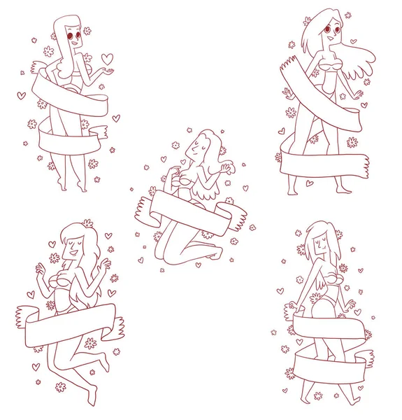 Conjunto de linhas de emblemas, meninas bonitas em um biquíni — Vetor de Stock