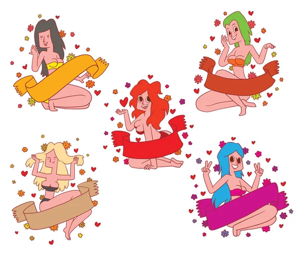 Set of five emblems, beautiful girls in bikini, color image — Stock Vector