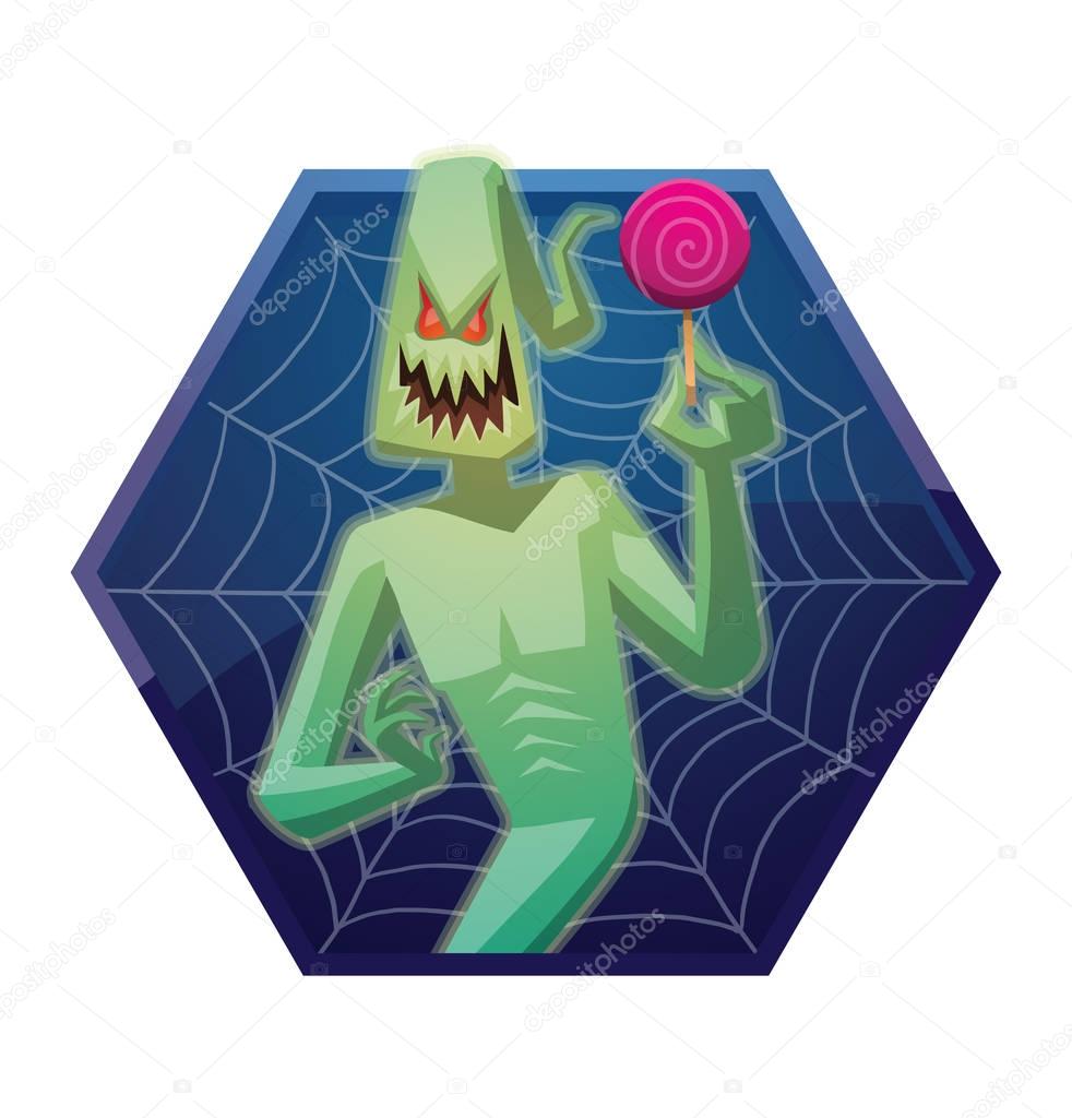 Blue frame, funny light green ghost with a pink lollipop