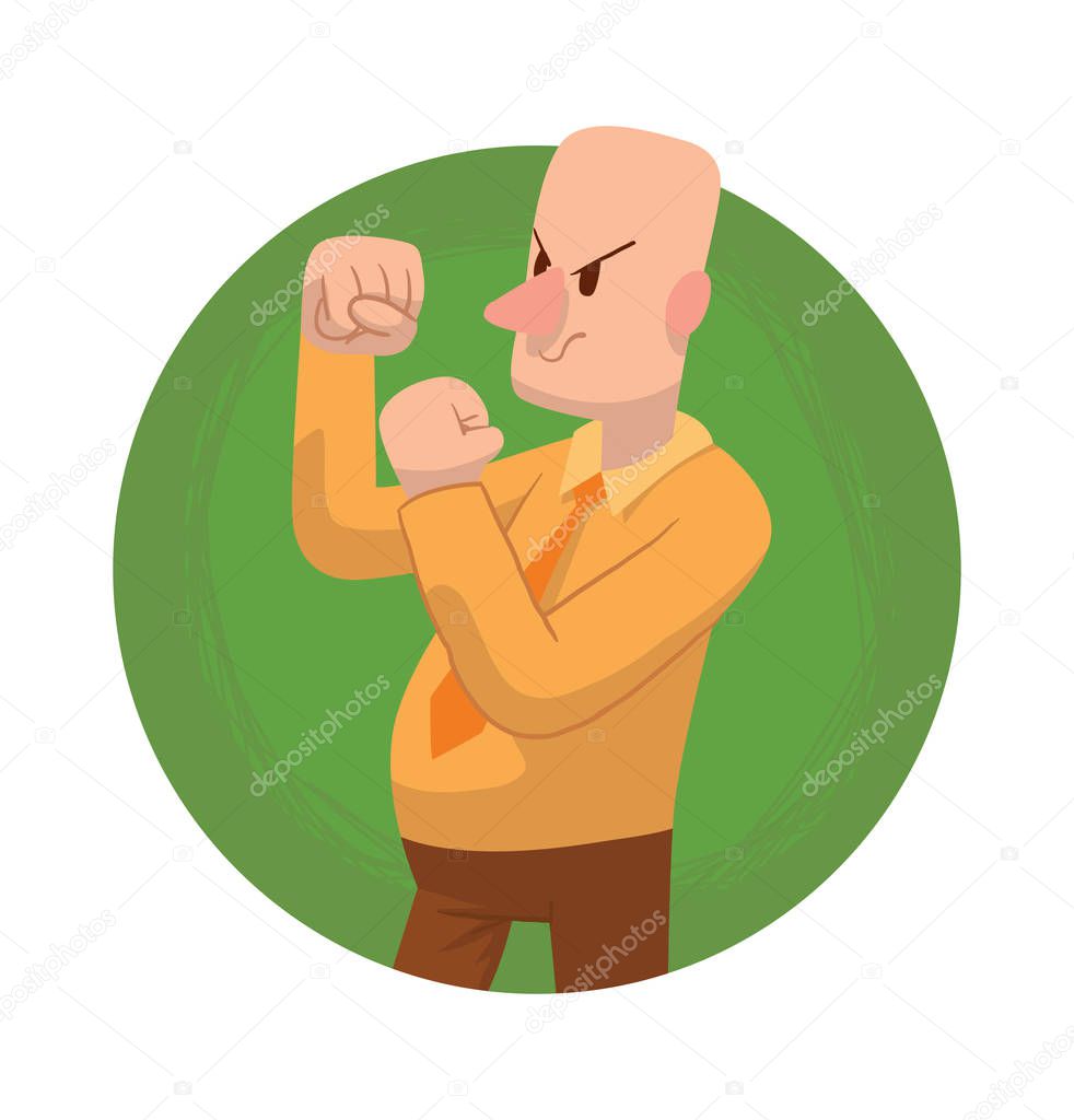 Round frame, fighting bald businessman