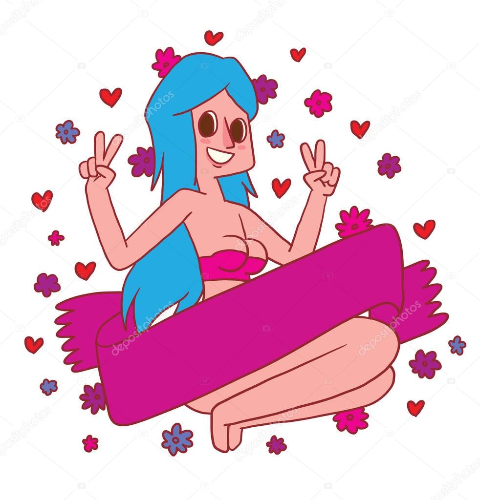 Emblem, beautiful girl with long blue hair in pink bikini 