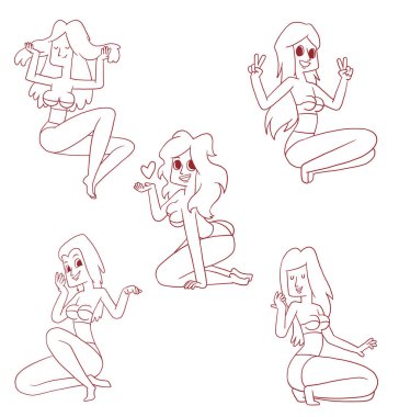 Beş güzel kızlar bikinili satır kümesi