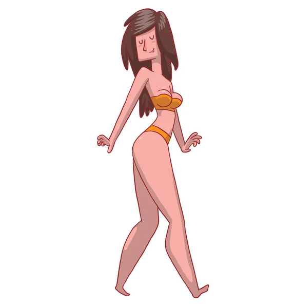 Gyönyörű lány, hosszú fekete haj egy narancssárga bikini — Stock Vector