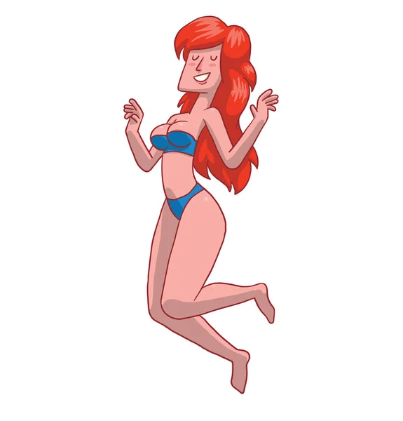 Gadis cantik dengan rambut merah panjang dengan bikini biru - Stok Vektor