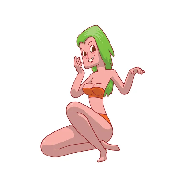 Красивая девушка с длинными зелеными волосами в оранжевом бикини — стоковый вектор