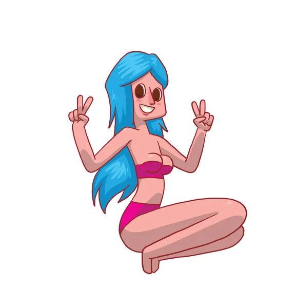 Beautiful girl with long blue hair in a pink bikini — Stock Vector