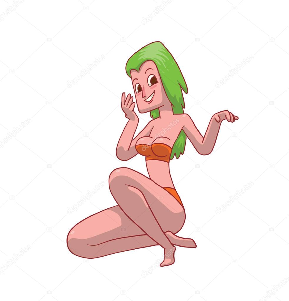 Beautiful girl with long green hair in an orange bikini 