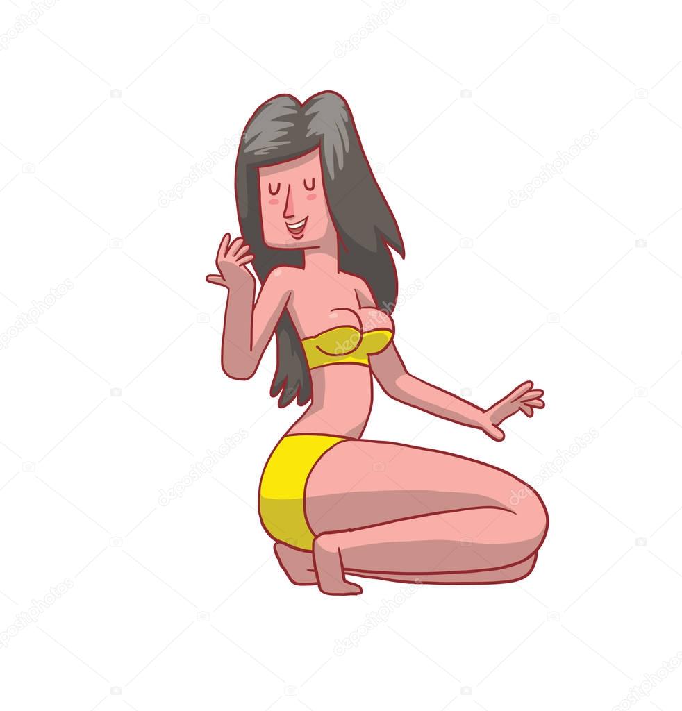 Beautiful girl with long black hair in a yellow bikini